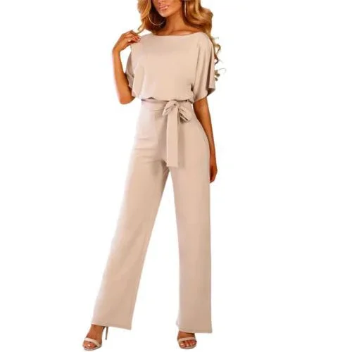 Women's Summer Buttoned Lace Short Sleeve Casual Fashion Solid Color Jumpsuit