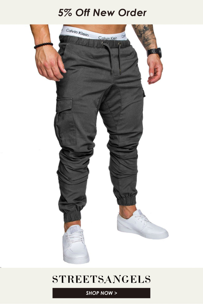 Fashion Men's Casual Solid Color Pocket Drawstring Skinny Cargo Pants