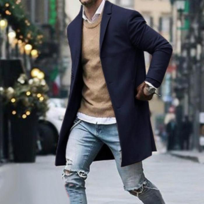 Men's Fashion Winter Solid Color Long Sleeve Casual Woolen Coat