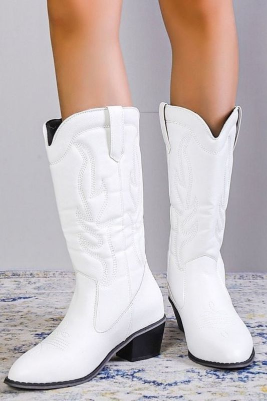 Classic Embroidered Leather Low Heel Mid-Calf Boots