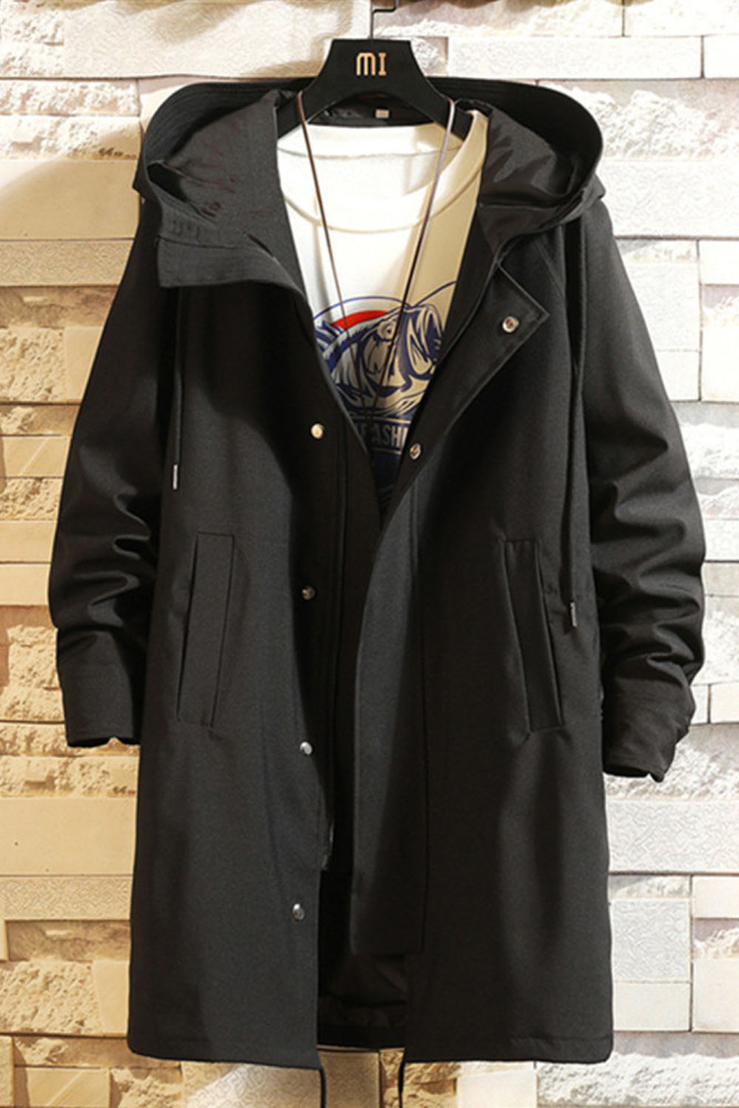 Men's Fashion Loose Long Street Solid Color Hooded Windbreaker Jacket