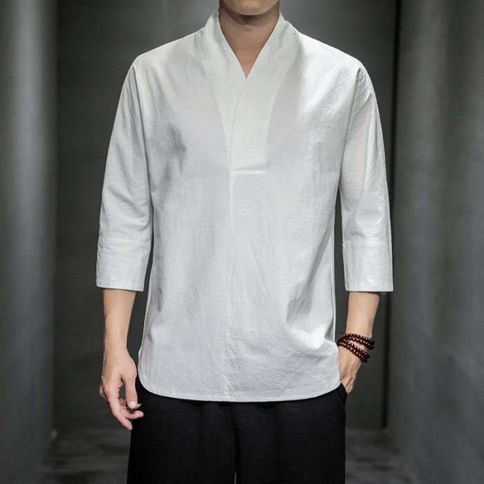 Men's Fashion Solid Color V-Neck Harajuku Casual Cotton Retro T-Shirt