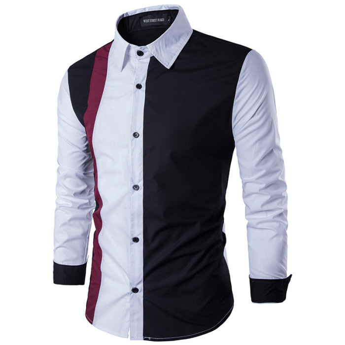 Men's Fashion Colorblock Street Style Point Collar Long Sleeve Slim Blouse