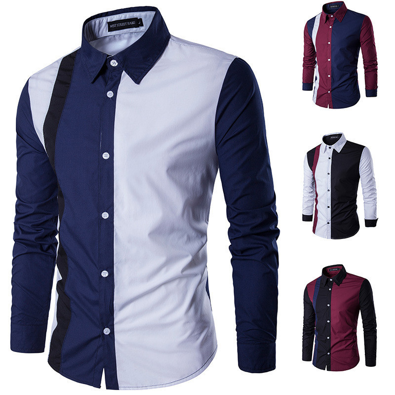 Men's Fashion Colorblock Street Style Point Collar Long Sleeve Slim Blouse