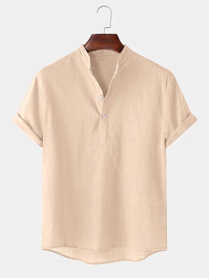 Men's Solid Color Lapel Short Sleeve Linen Cotton Casual T-ShirtsTop
