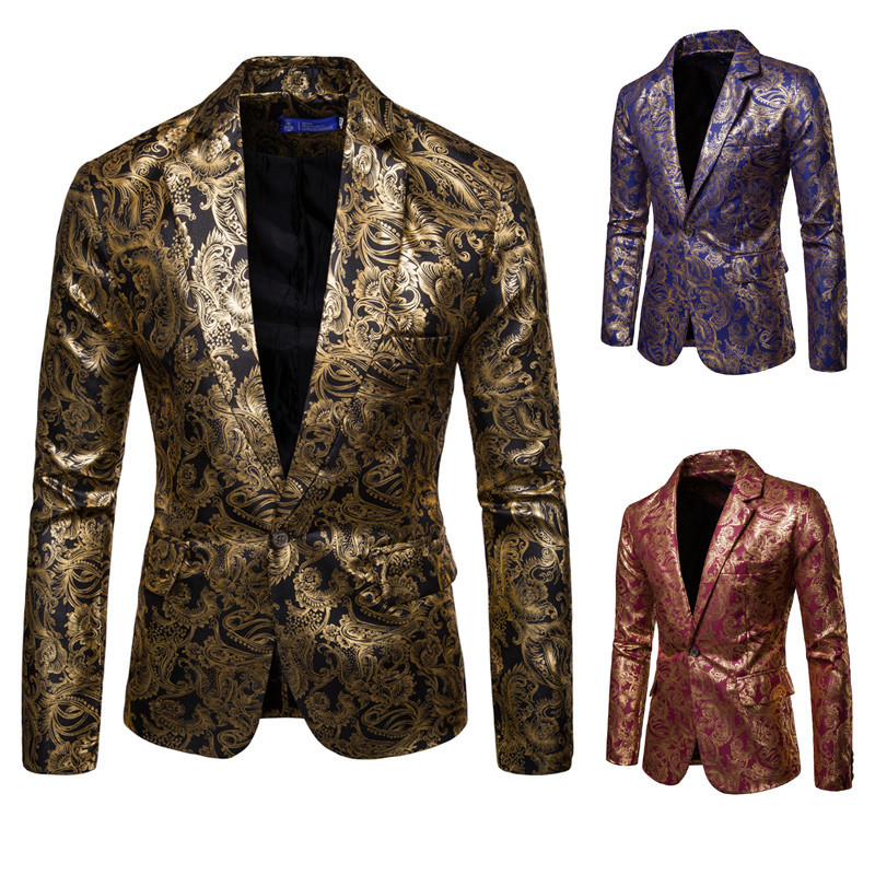 Men's Fashion Gold Floral Business Casual Blazer Outerwear