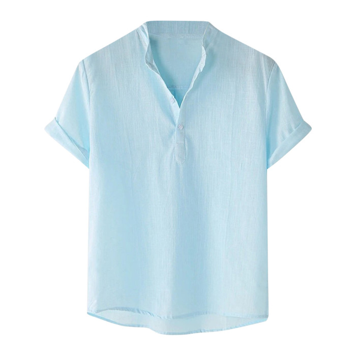 Men's Solid Color Lapel Short Sleeve Linen Cotton Casual T-ShirtsTop