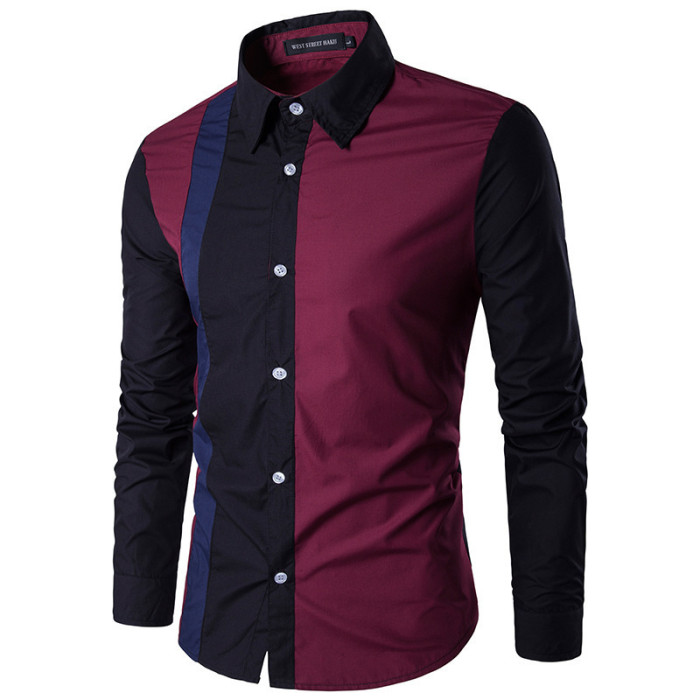 Men's Fashion Colorblock Street Style Point Collar Long Sleeve Slim Blouse