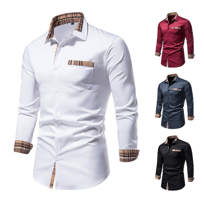 Men's Casual Long Sleeve Formal Check Collar Button Down Shirt