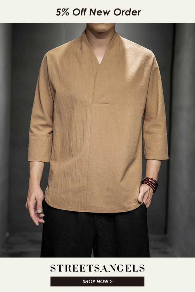 Men's Fashion Solid Color V-Neck Harajuku Casual Cotton Retro T-Shirt