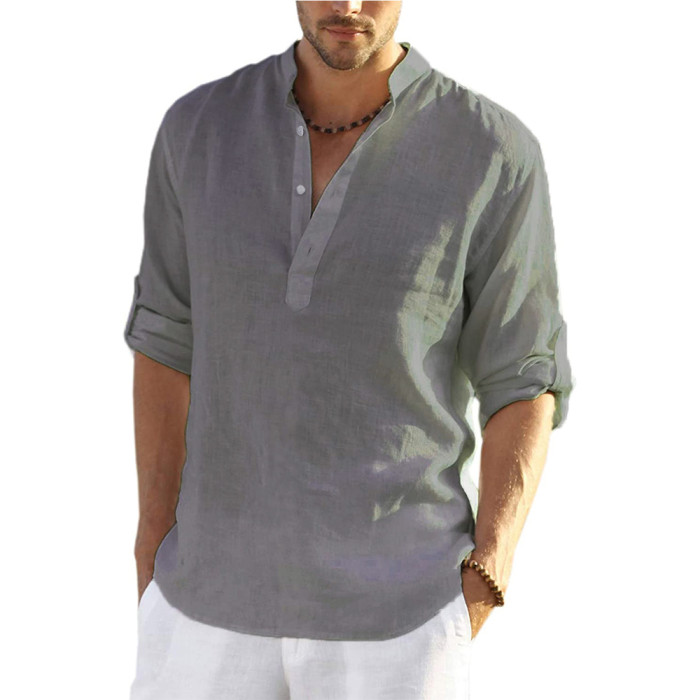 Men's Fashion Cotton Linen Loose Tops Long Sleeves Casual Shirts