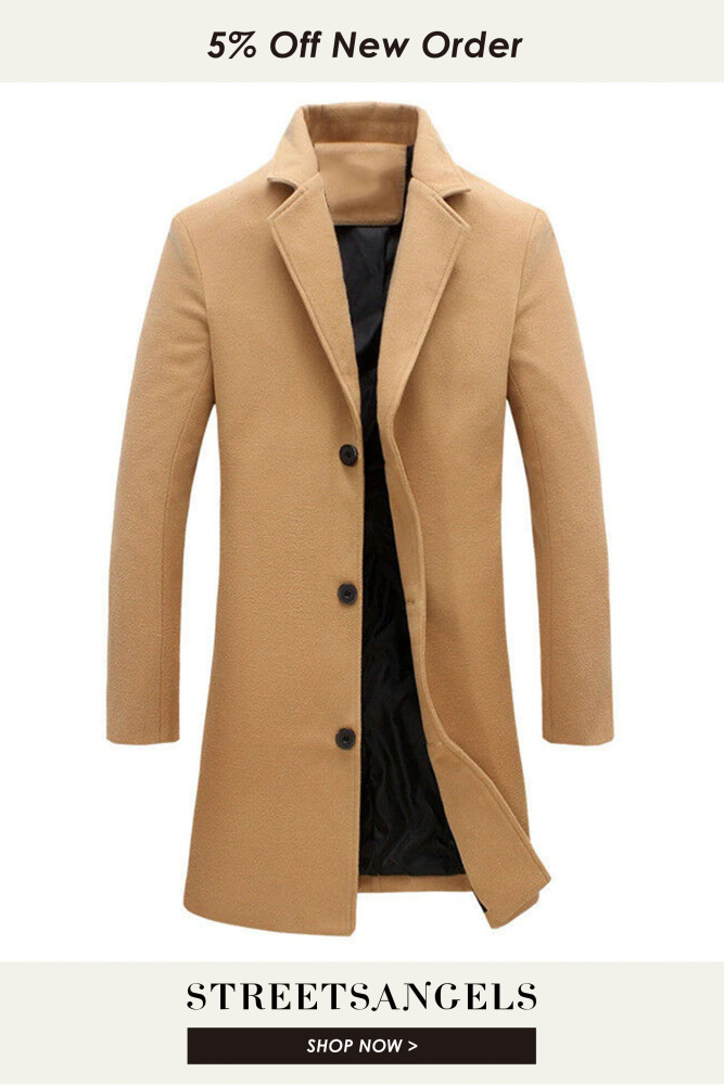 Fashion Men's Solid Color Single Breasted Lapel Casual Woolen Coat