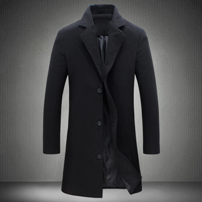 Fashion Men's Solid Color Single Breasted Lapel Casual Woolen Coat