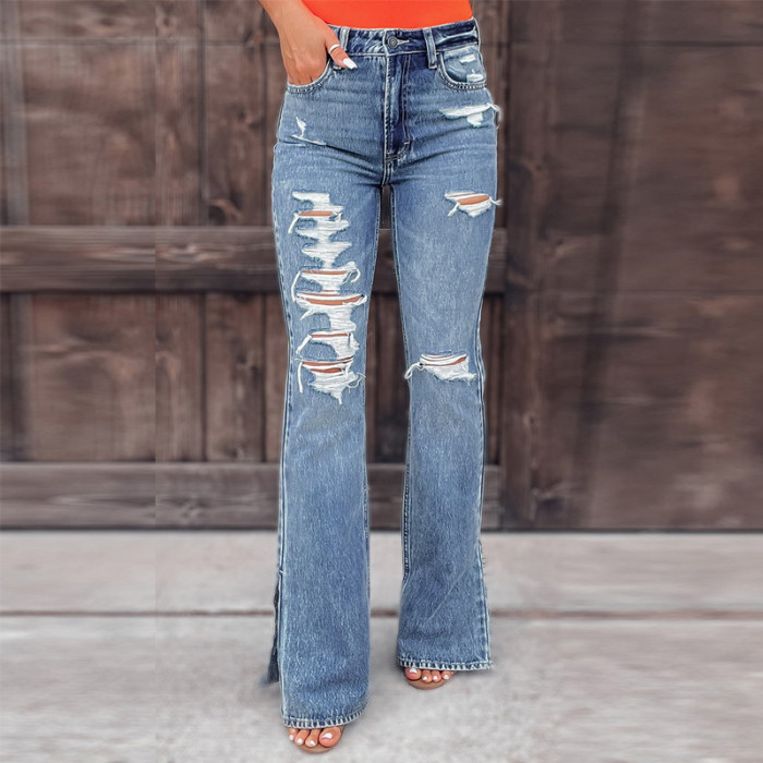 Women Fashion Ripped Hole Tassel Slim Casual Mid Waist Side Slit Denim Flared Jeans