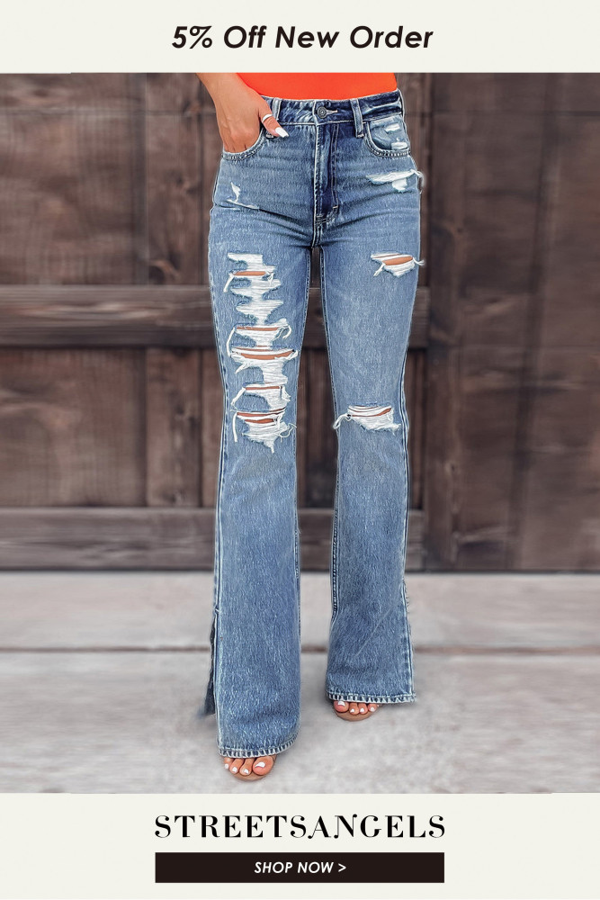 Women Fashion Ripped Hole Tassel Slim Casual Mid Waist Side Slit Denim Flared Jeans
