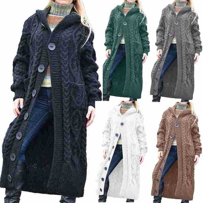 Women's Fashion Single Breasted Hooded Long Loose Cardigan Sweater
