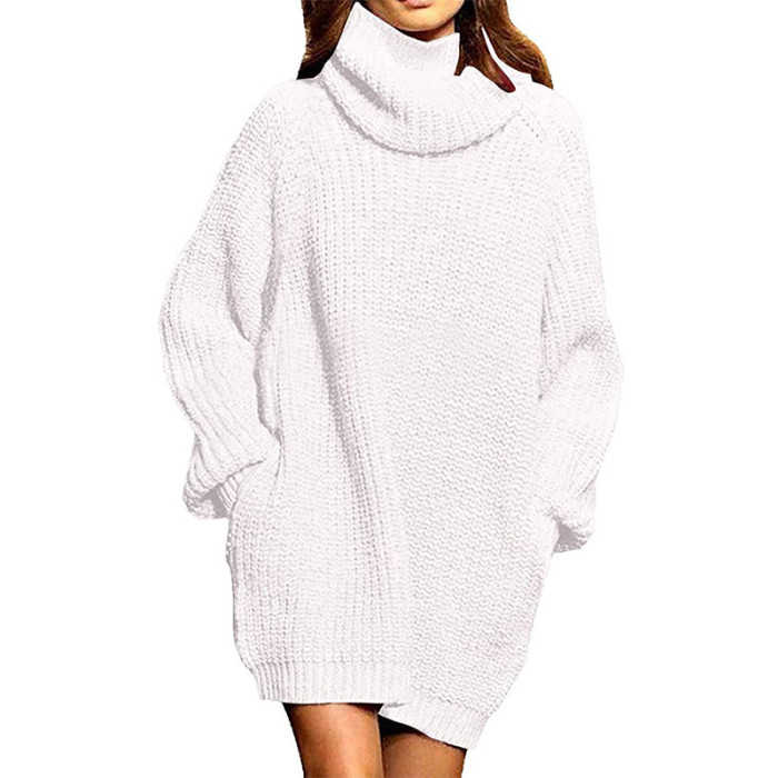 Fashion Turtleneck Solid Color Long Sleeve  Sweater Dress