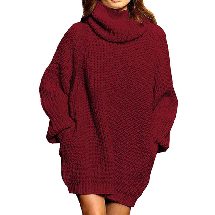 Fashion Turtleneck Solid Color Long Sleeve  Sweater Dress