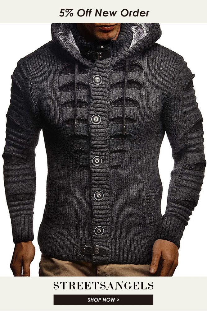 Retro Men's Casual Fashion Sweater Single Breasted Solid Color Hooded Outerwear