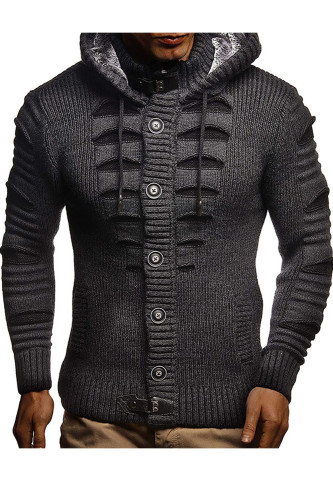 Retro Men's Casual Fashion Sweater Single Breasted Solid Color Hooded Outerwear