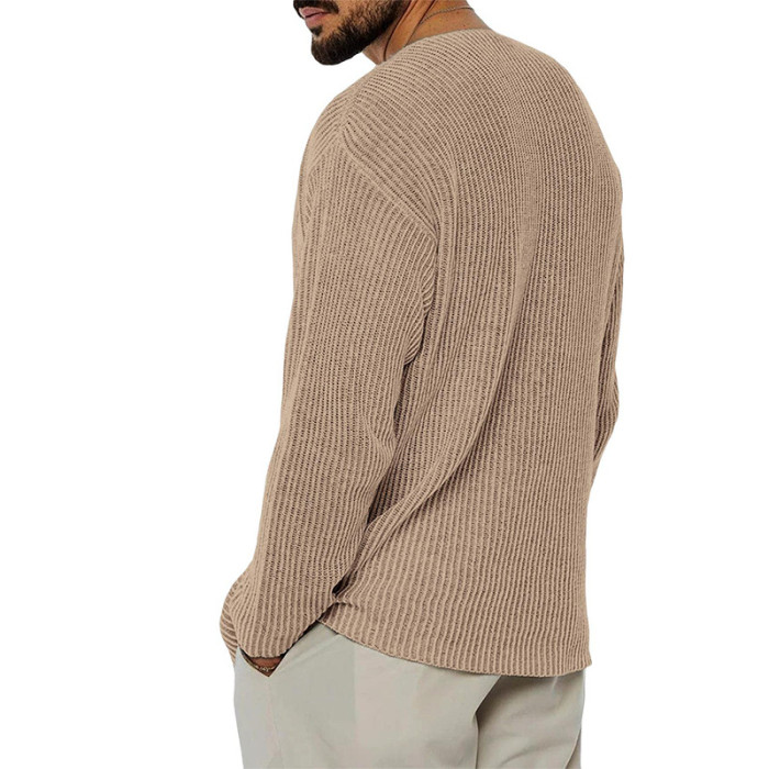 Fashion Casual V-Neck Long Sleeve Loose Solid Color Men's Sweater