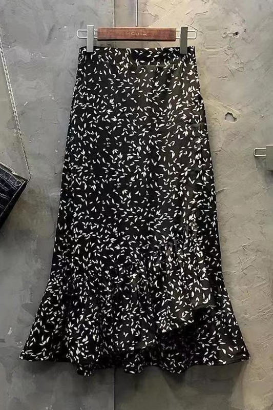 Black Print Fashion High Waist Asymmetric Ruffle Elegant A-Line Skirt