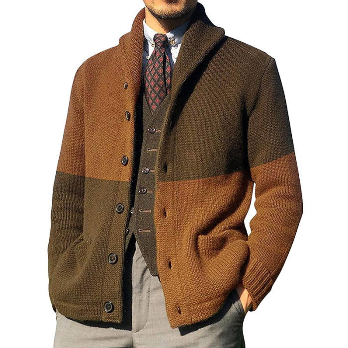 Fashion Men's High Quality Patchwork Knit Breasted Lapel  Sweater Jacket