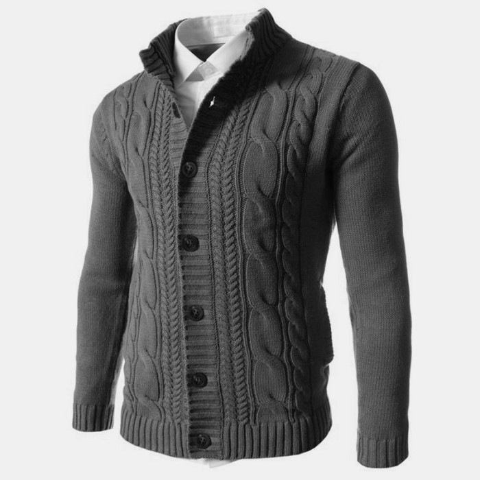 Men's Fashion Knit Cardigan Button Stand Collar Sweater Jacket Coat