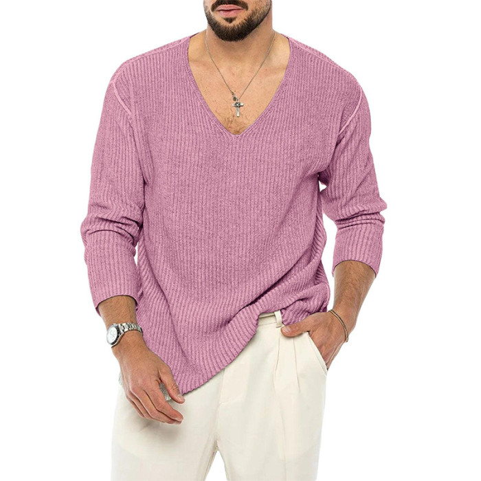 Fashion Casual V-Neck Long Sleeve Loose Solid Color Men's Sweater