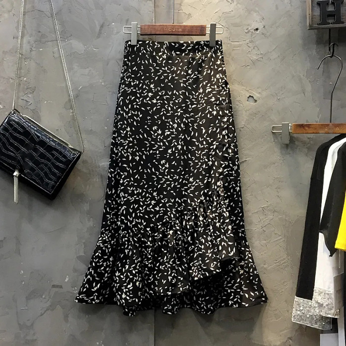 Black Print Fashion High Waist Asymmetric Ruffle Elegant A-Line Skirt