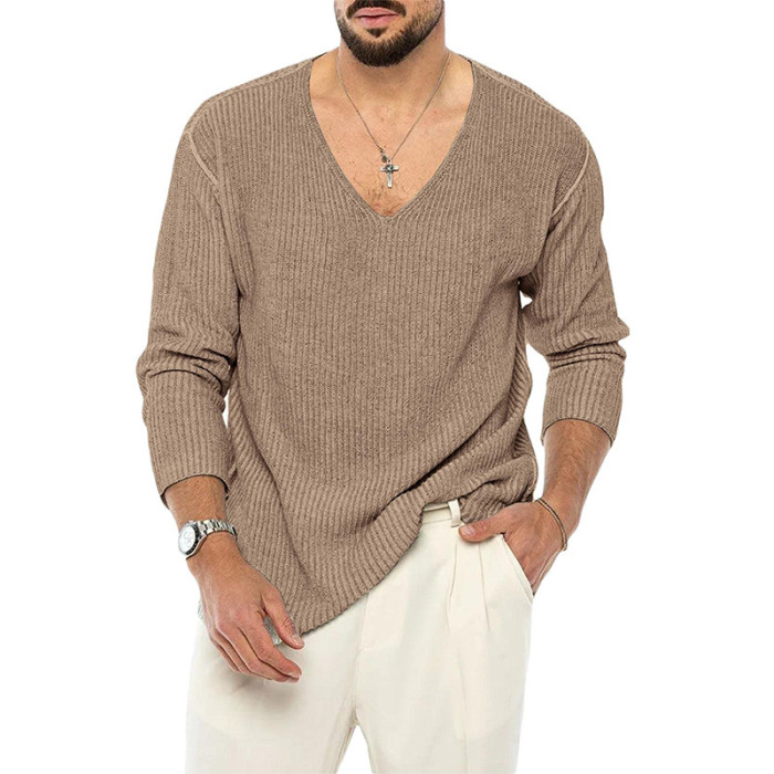 Fashion Casual V-Neck Long Sleeve Loose Solid Color Men's Sweater