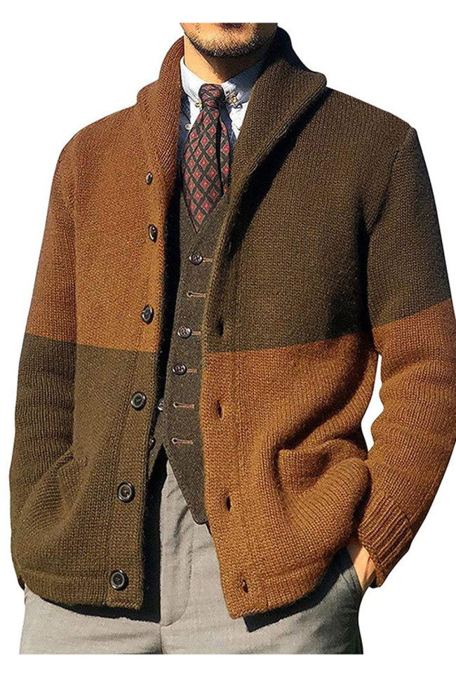Fashion Men's High Quality Patchwork Knit Breasted Lapel  Sweater Jacket