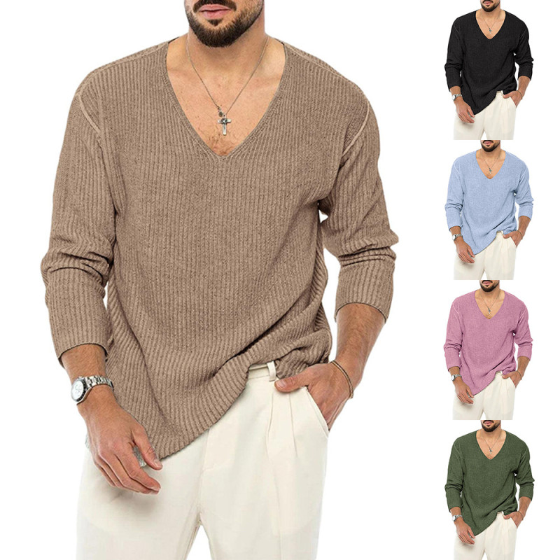 Fashion Casual V-Neck Long Sleeve Loose Solid Color Men's Sweater