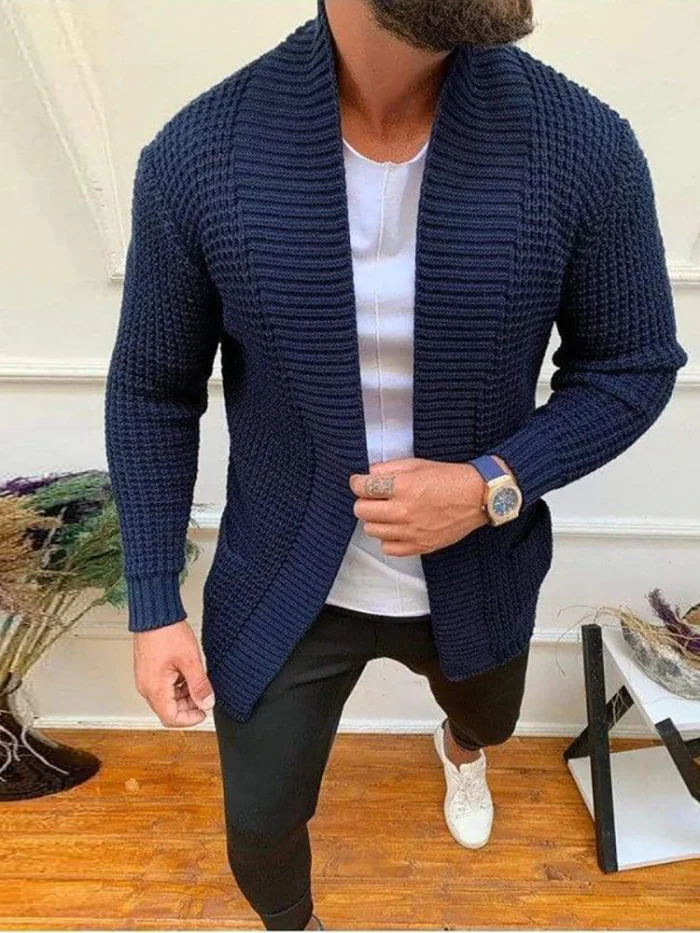 Men's Fashion Solid Color Casual V-Neck Solid Color Pocket Knit Cardigan