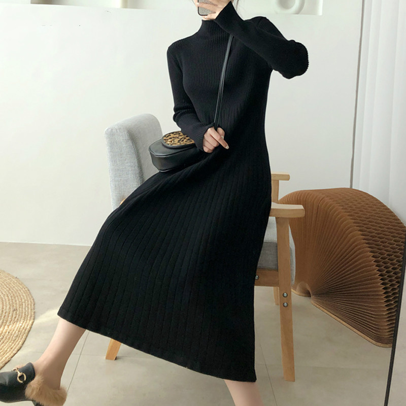 Knit Sweater Dress Fashion High Neck A Line Midi Dress