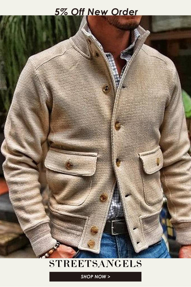 Men's Fashion Stand Collar Solid Color Casual Jacket Outerwear