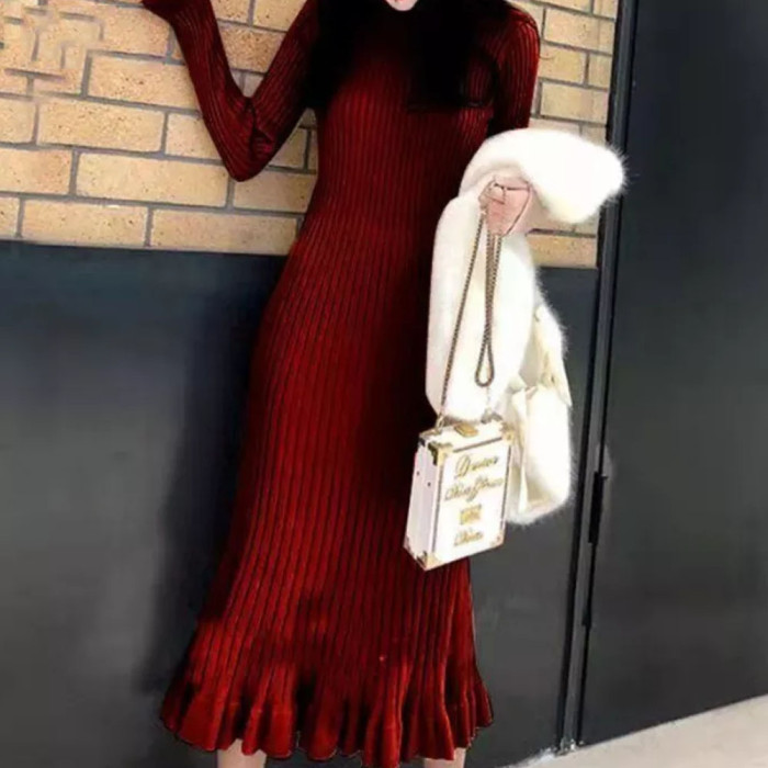 Fashion O Neck Ruffled Waist Elegant Solid Color Sexy Sweater Dress