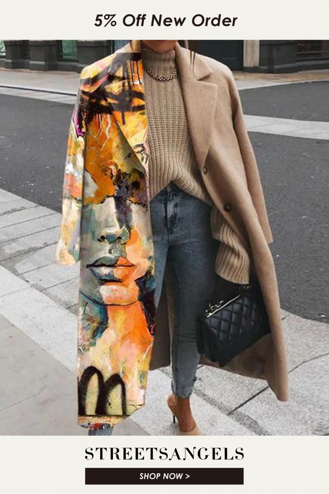 Casual Lapel Long Sleeve Blend Wool Coats Fashion Print Women Elegant Coats