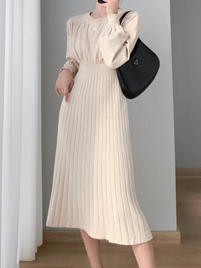 Fashion Solid Color Elegant High Waist Mid Length Warm A-Line Sweater Dress