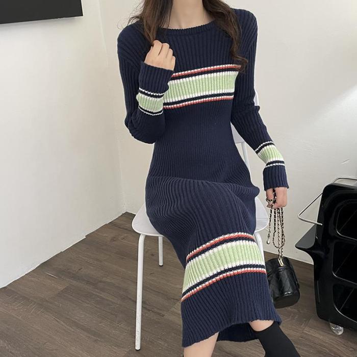 Fashion Casual Striped Skinny Fitted Waist Full Sleeve Sweater Dress