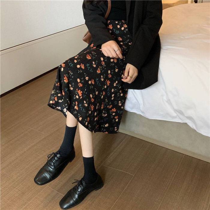 Corduroy Floral A-Line Loose Elegant Retro Fashion Elegant Skirt