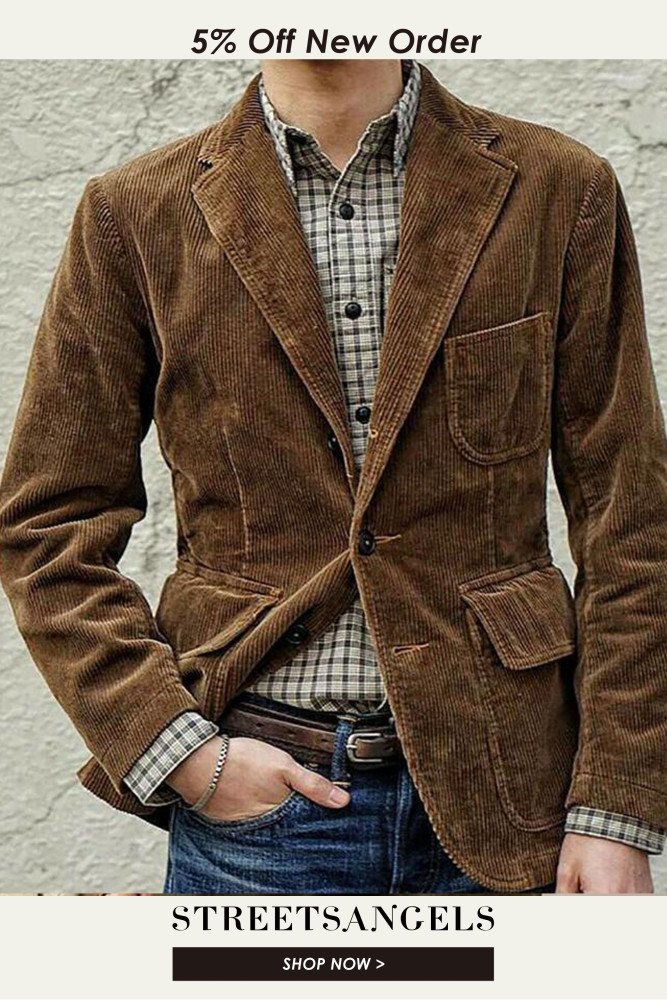 Retro Corduroy Men's Fashion Button Lapel Solid Color Casual Jacket Outerwear