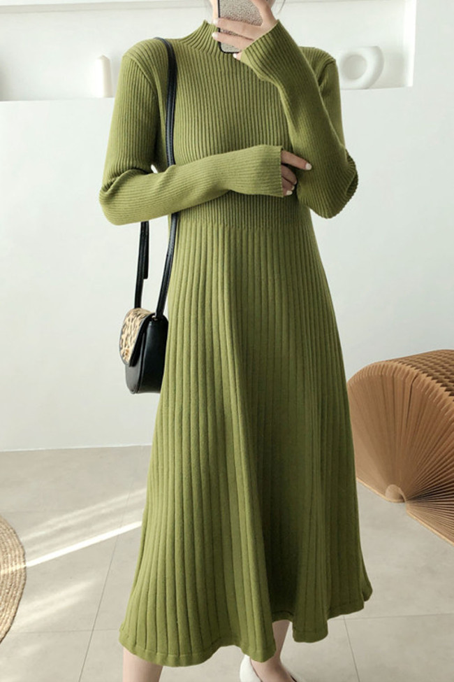 Knit Sweater Dress Fashion High Neck A Line Midi Dress