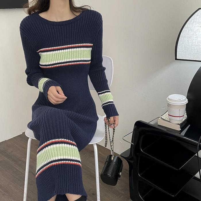 Fashion Casual Striped Skinny Fitted Waist Full Sleeve Sweater Dress