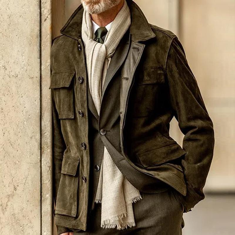 Fashion Men's Casual Long Sleeve Lapel Retro Jacket Solid Color Suede Coat