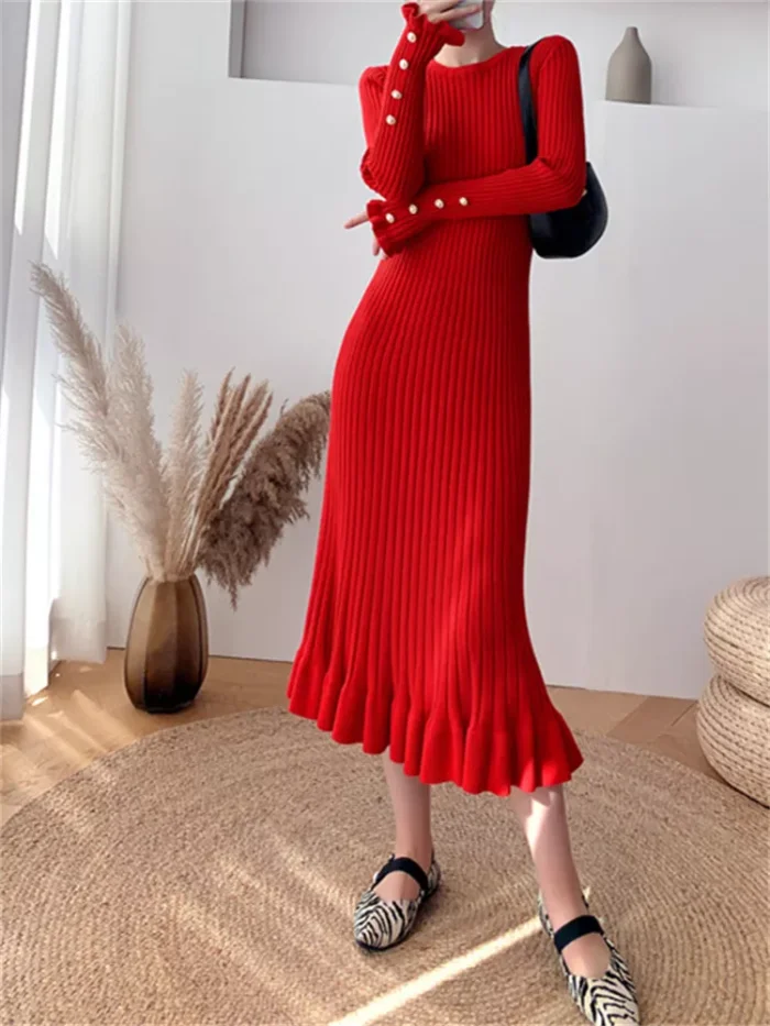 Fashion Sexy Elegant Knit Sweater Dress Slim Flared Midi Dress