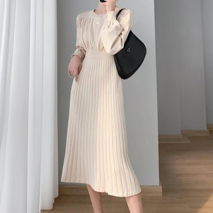Fashion Solid Color Elegant High Waist Mid Length Warm A-Line Sweater Dress
