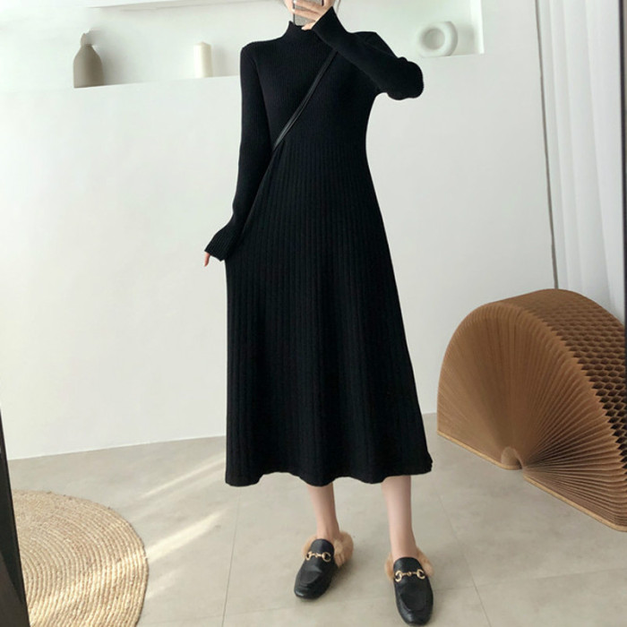 Knit Sweater Dress Fashion High Neck A Line Midi Dress