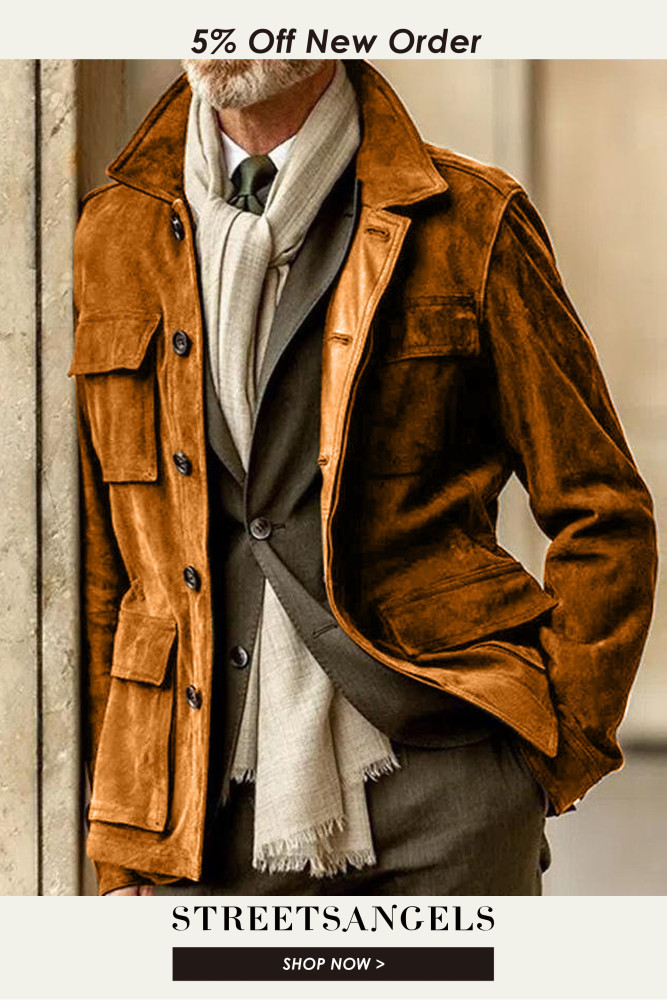 Fashion Men's Casual Long Sleeve Lapel Retro Jacket Solid Color Suede Coat