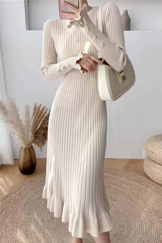 Fashion Sexy Elegant Knit Sweater Dress Slim Flared Midi Dress